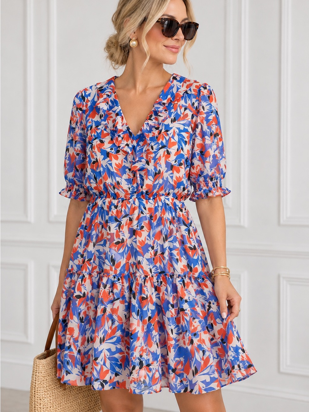 Lauren Ralph Lauren Blue & Red Floral Ruffle Midi Dress